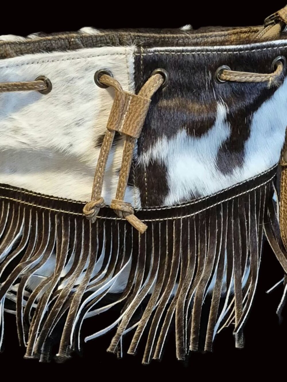 Myra Bag Hair On Cowhide Fringe Bucket Crossbody Drawstring Western